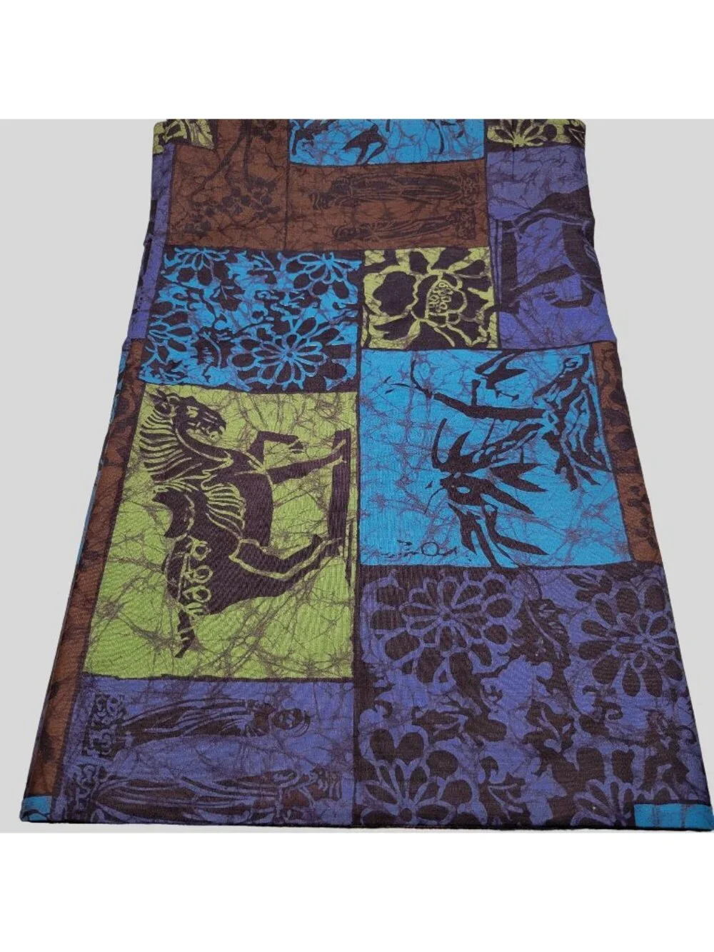 Vintage Robarre Fabrics Batik Block Pattern Asian Horses Bamboo Flowers 5 1/4 Yd